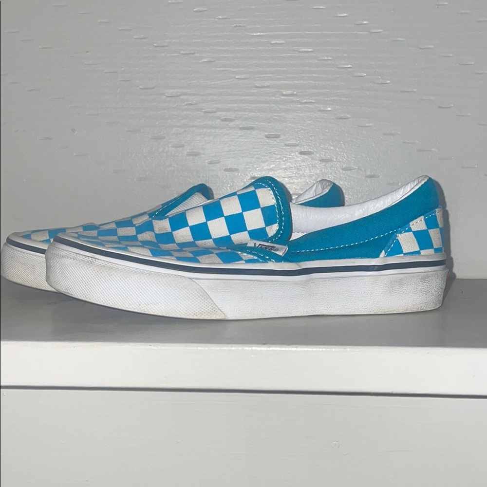 Vans Blue/ teal and White Checkered Slip-On Sneakers, kids size 13 - Picture 3 of 7